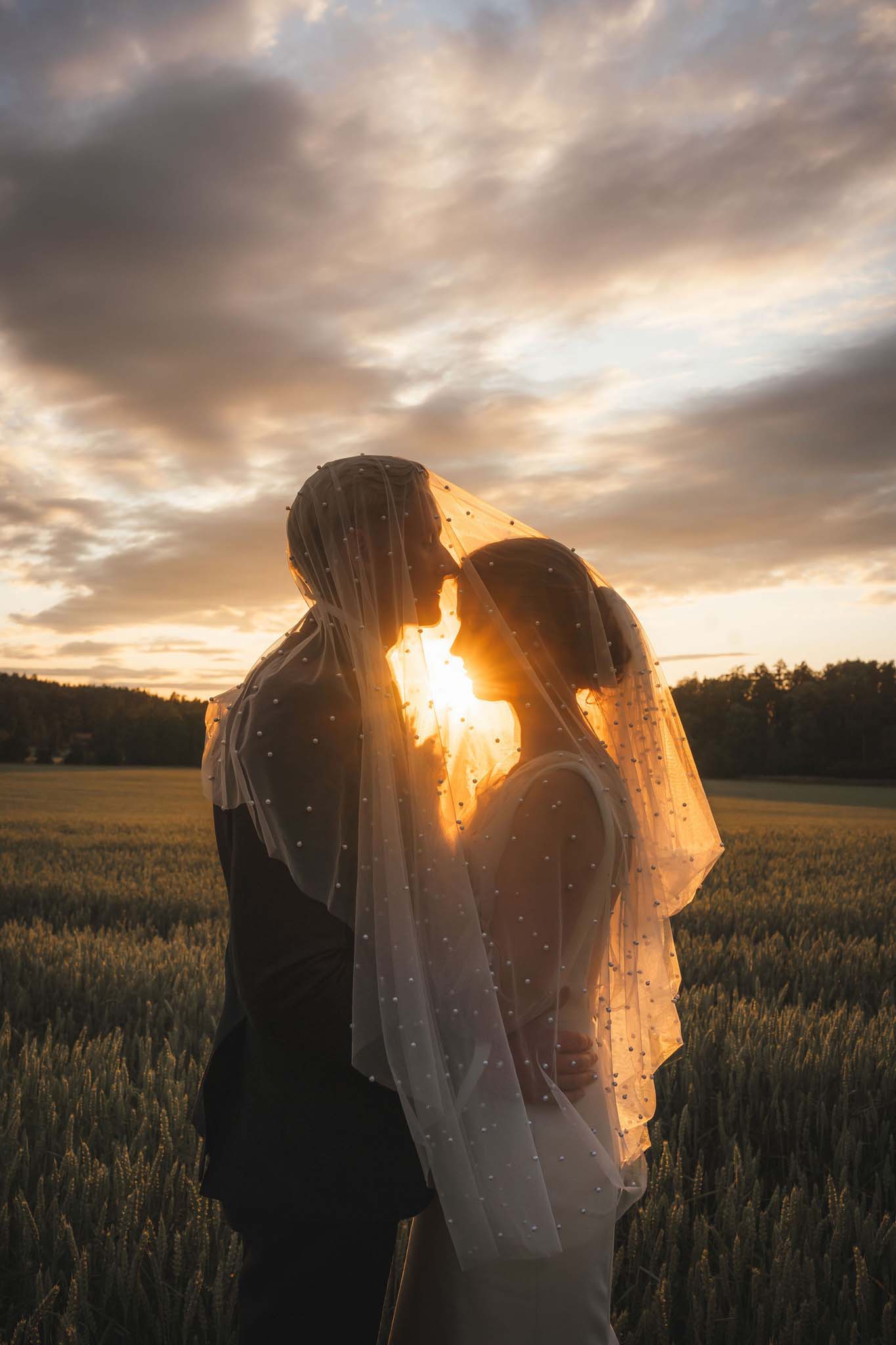 Bröllopsporträtt under gyllene timmen, golden hour i Trosa, Sverige